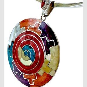 Peruvian 950 Sterling Silver Mosaic Pendant 2” | Turquoise Mother of Pearl Inlay
